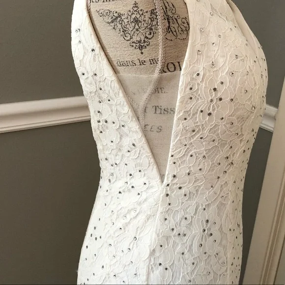 NEW ABBY PARIS SZ 2 IVORY LACE BEADED ILLUSION FORMAL EVENING GOWN - Picture 6 of 12